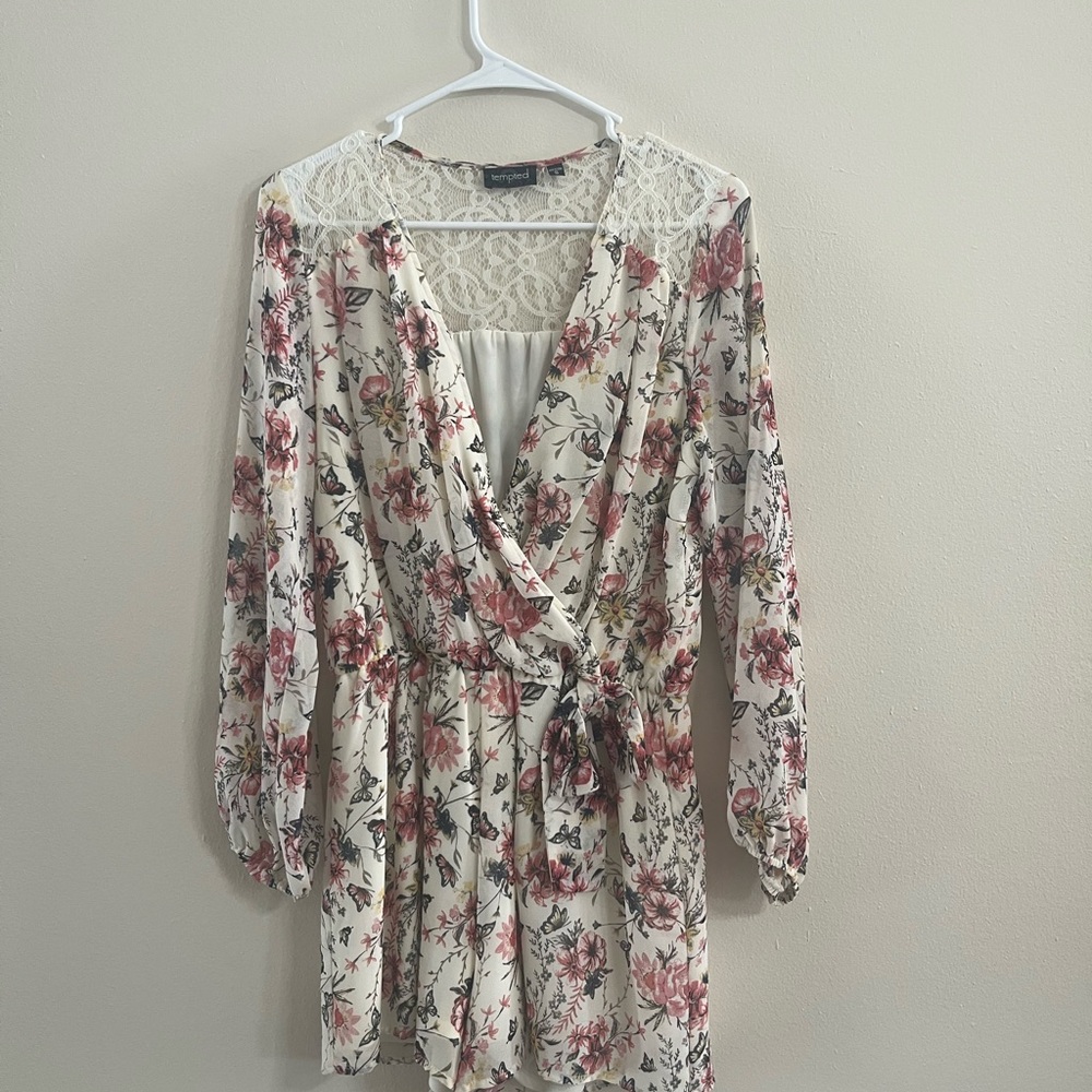 Tempted Cream and Pink Floral Lace Romper